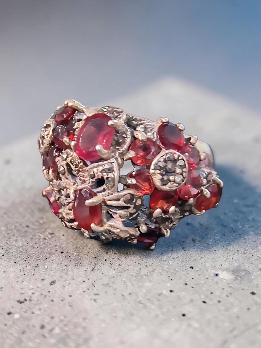 Vintage Red Garnet And Marcasite Cluster Cocktail Ring in Sterling Silver